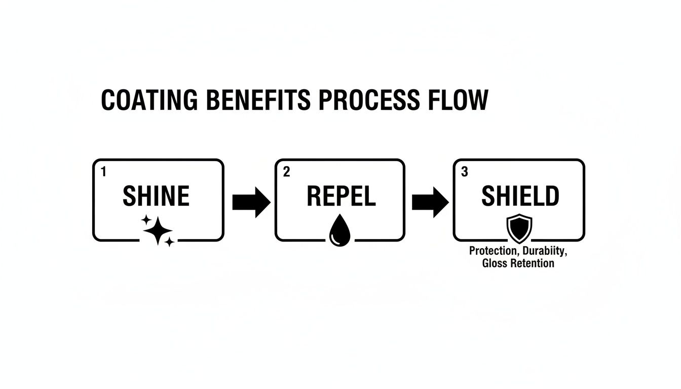 A three-step process flow illustrating coating benefits: shine, repel, and shield for protection and durability.