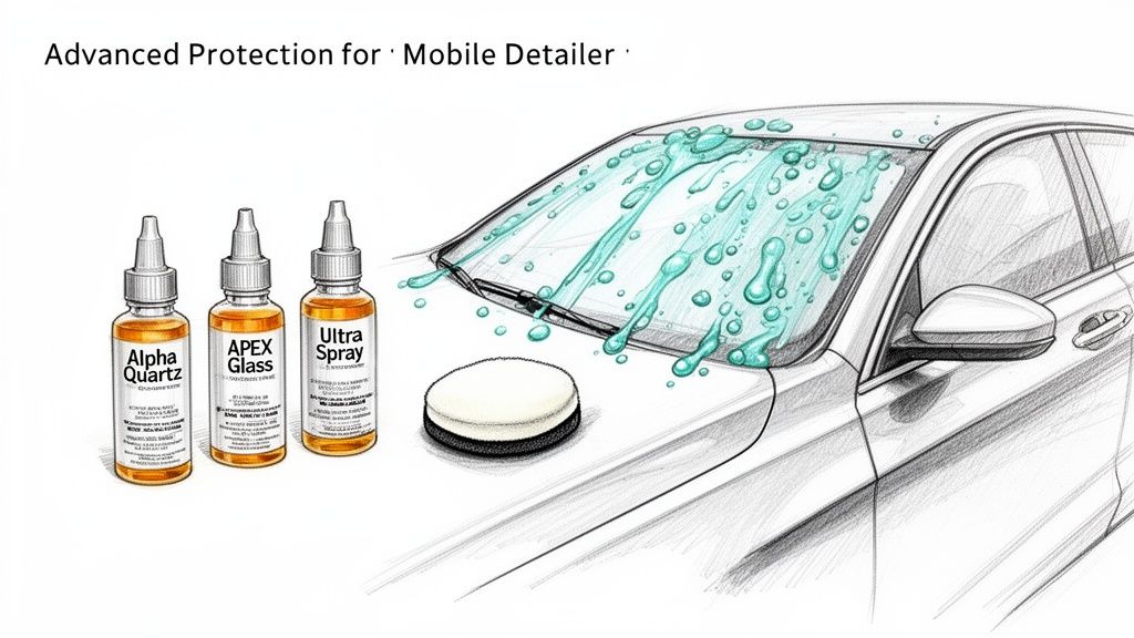 Sketch of a car showing advanced detailing products: Alpha Quartz, APEX Glass, Ultra Spray, and a polishing pad.