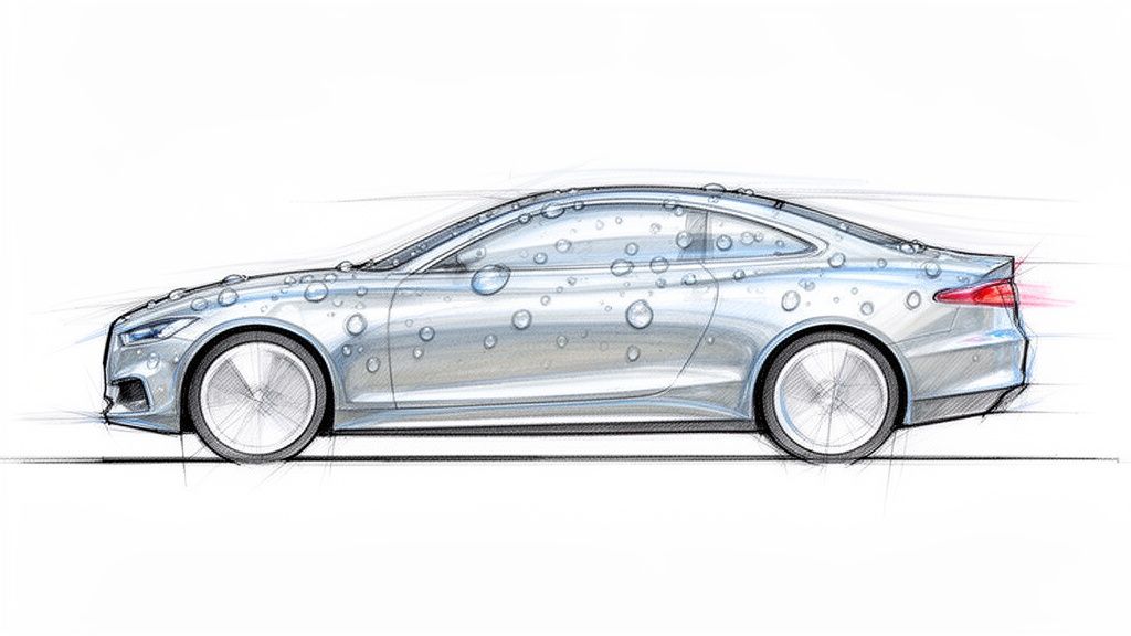 Side profile sketch of a silver car covered in water droplets, illustrating modern automotive design.