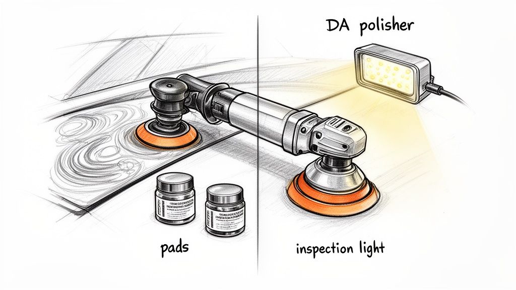A detailed sketch illustrating car detailing tools, including a DA polisher, inspection light, and pads, showing swirl mark removal.