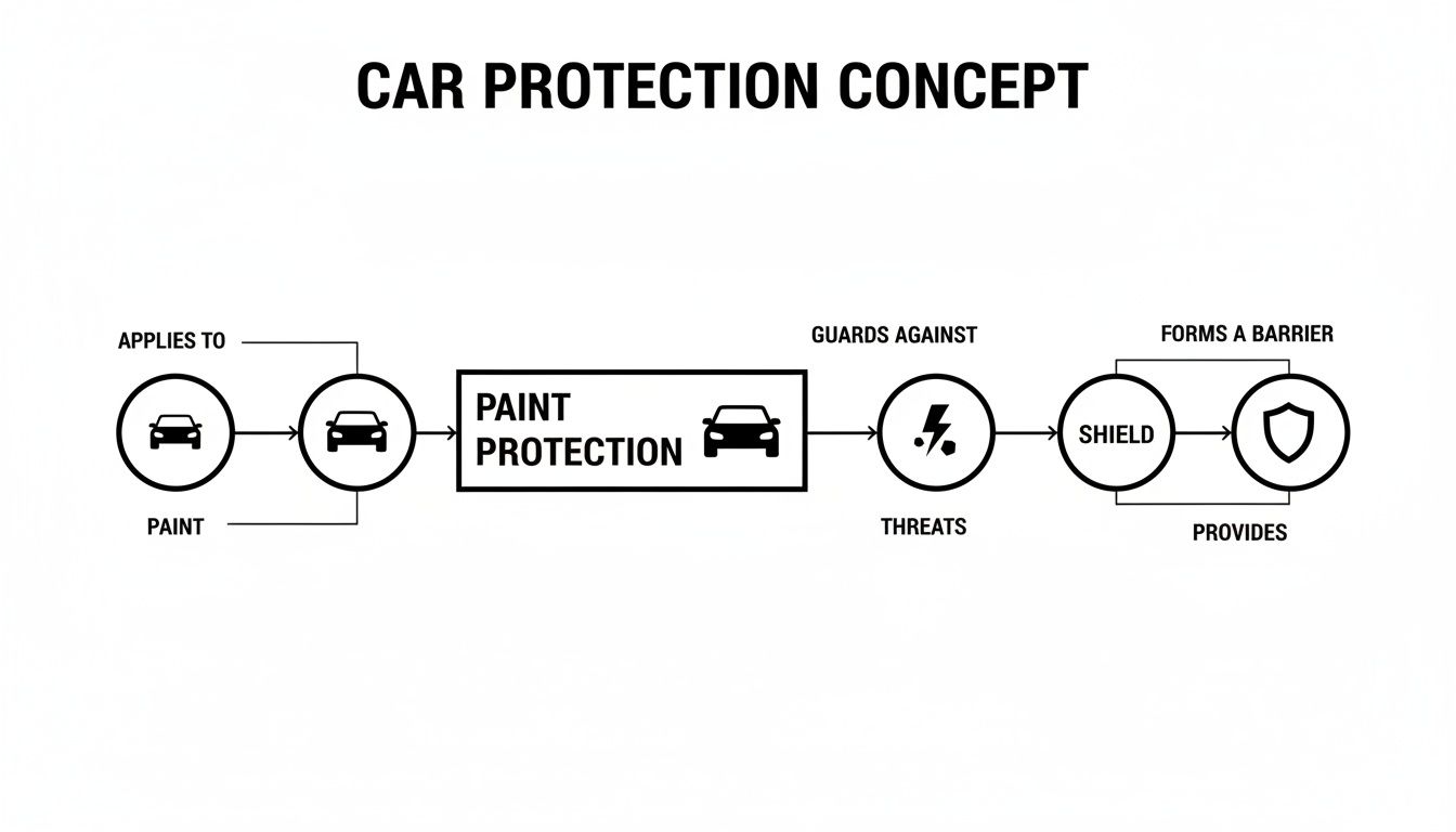 A diagram illustrating the car paint protection concept, showing how paint protection guards against threats and forms a shield.