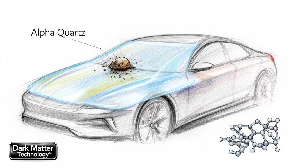 A car sketch illustrating a transparent protective coating on the hood being impacted by an Alpha Quartz rock, showcasing Dark Matter Technology.