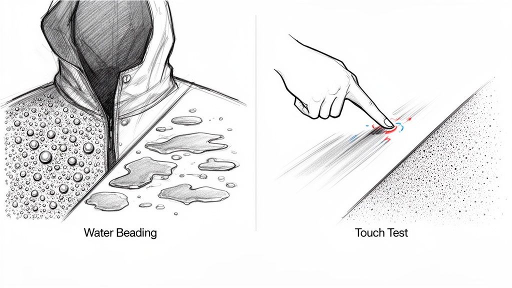 Illustration of water beading on a jacket for repellency, and a hand performing a touch test.