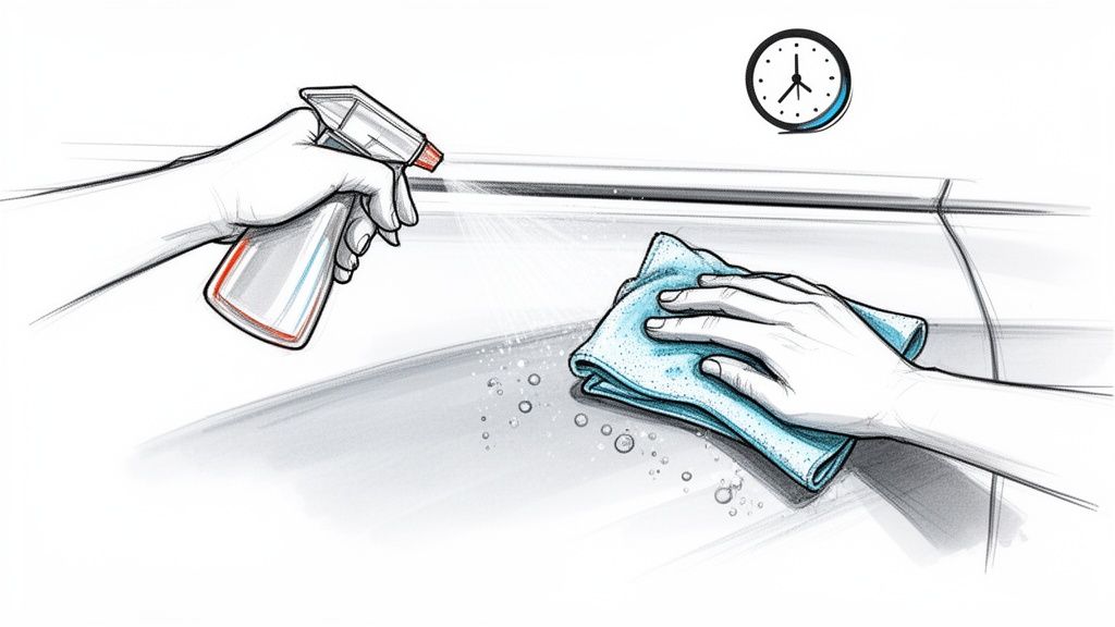 Hands spray and wipe a surface with a cloth, with a clock in the background, illustrating a cleaning process.