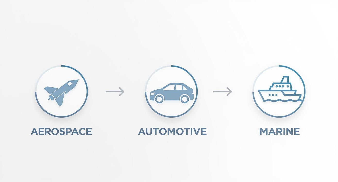 Infographic showing the technology transfer process from Aerospace to Automotive to Marine industries.