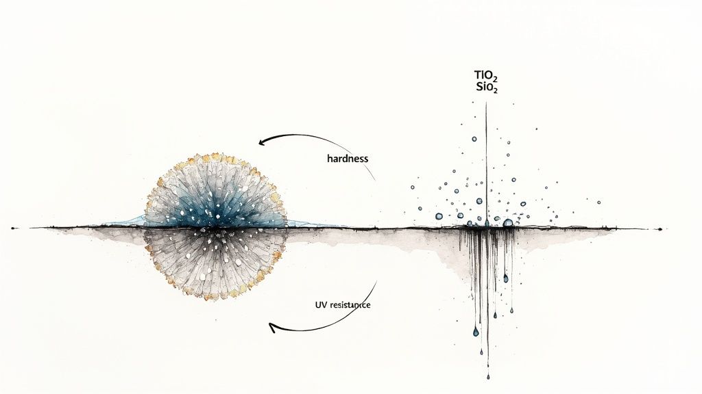 A microscopic view showing nano-particle forming a tight, cross-linked bond on a car's paint surface.