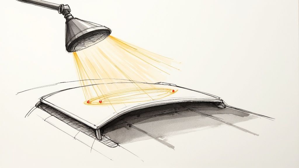 Hand-drawn sketch illustrating light rays from a lamp shining on a curved car panel with two red points.