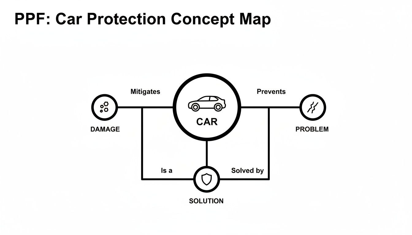 Concept map illustrating car protection, linking 'Car' to mitigating damage, preventing problems, and being a solution.