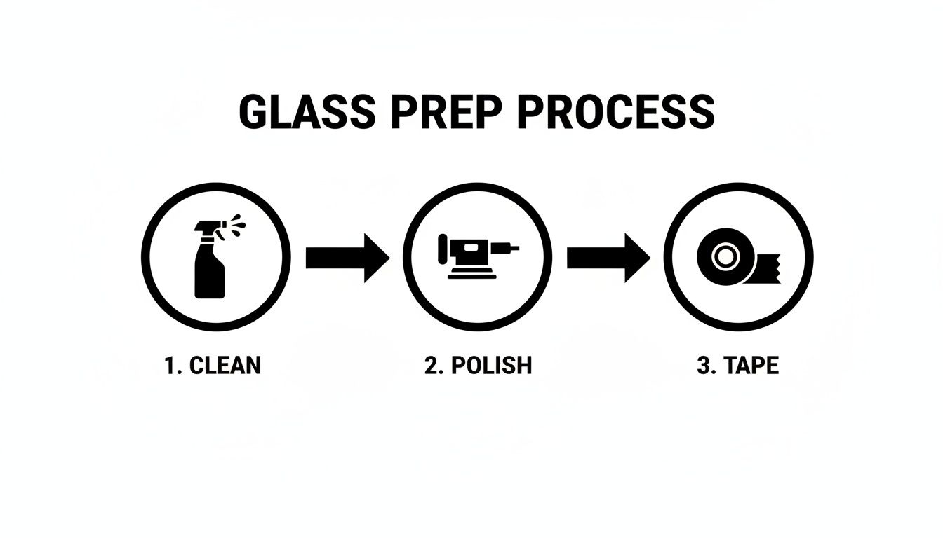 Diagram illustrating the glass preparation process, showing three steps: clean, polish, and tape.