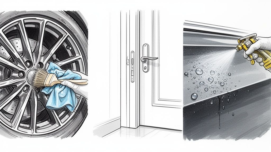 Illustrations depicting car care: a hand cleaning a wheel, a door, and spraying a surface.