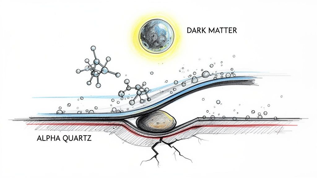Conceptual illustration showing dark matter above layers with molecular structures and alpha quartz below, with cracks.