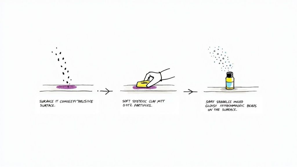 Diagram illustrating a three-step process: surface preparation, clay mitt cleaning, and hydrophobic coating application.