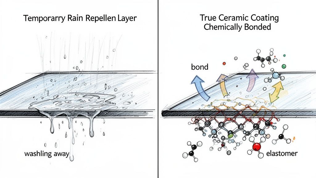 Comparison of a temporary rain repellent layer washing away versus a true, chemically bonded ceramic coating.