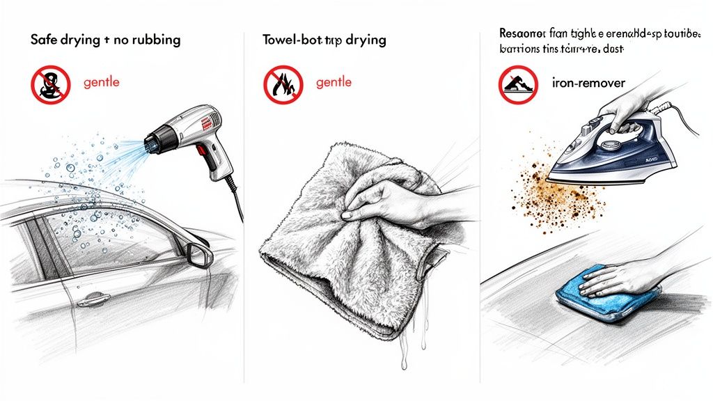 Three panels demonstrating gentle car care: safe drying with heat, towel drying, and iron particle removal.