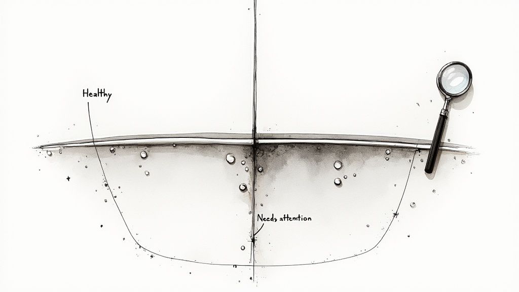 Illustration of a surface cross-section, magnifying glass, with points labeled 'Healthy' and 'Needs attention'.