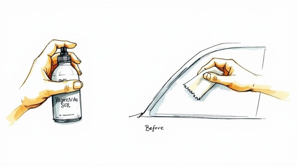 A hand in a blue nitrile glove applying a ceramic coating booster spray to a gleaming black car panel.