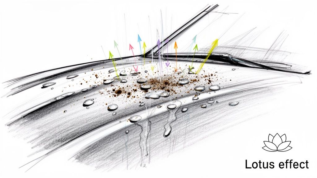 Close-up sketch of a car surface with water droplets beading up and cleaning dirt, showcasing the lotus effect.