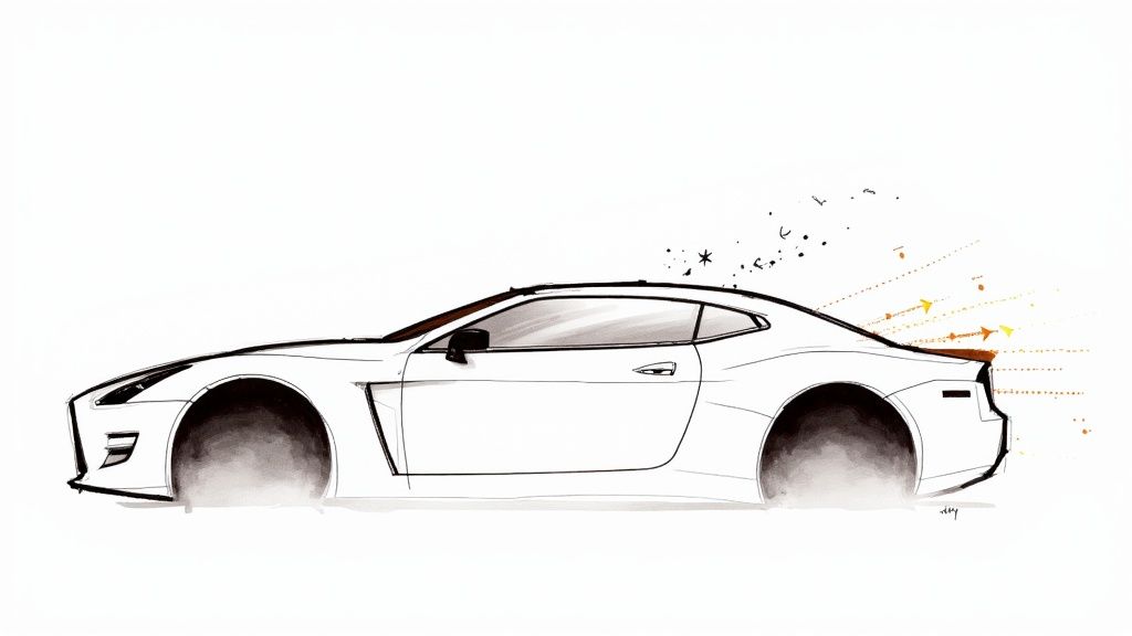 A dynamic sketch of a white sports car in profile, showing motion with smoky wheels and speed effects.