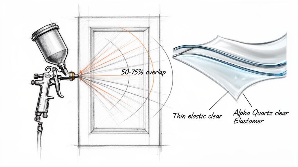 Illustration of a spray gun applying paint with 50-75% overlap and layers of clear coat.
