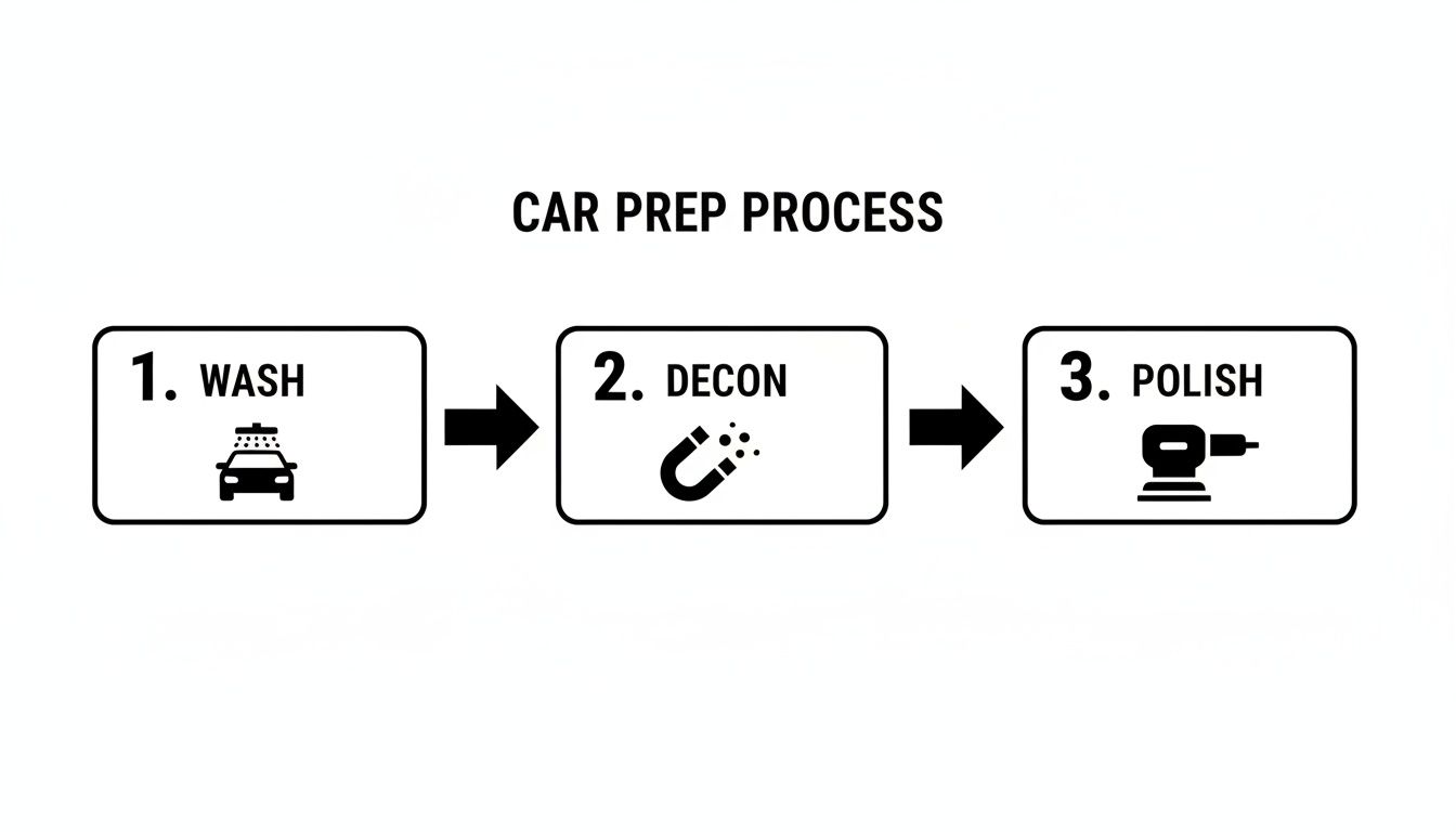 A diagram illustrating a three-step car preparation process: wash, decontaminate, and polish.