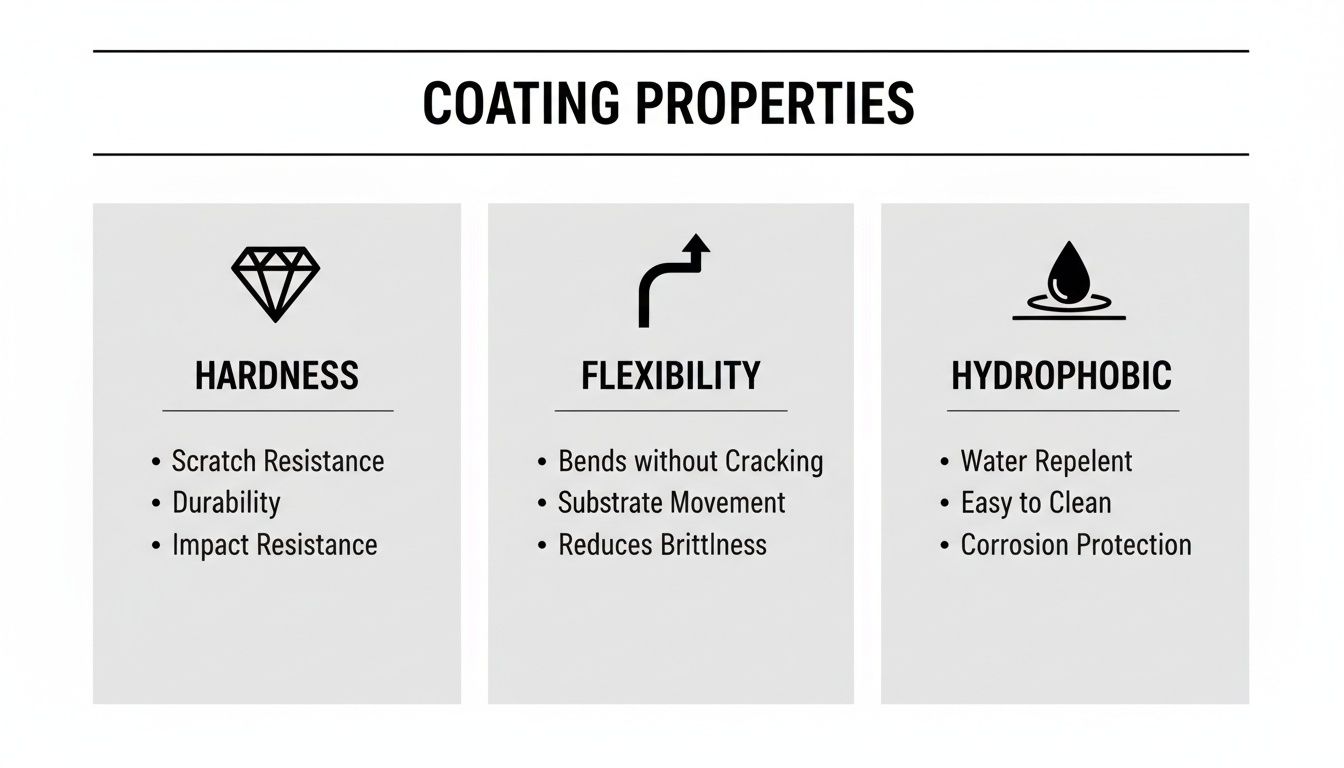 Diagram illustrating coating properties: hardness, flexibility, and hydrophobic features with key benefits.