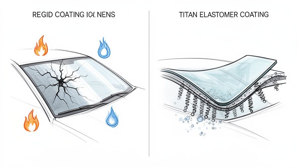 Diagram comparing a cracked rigid windshield coating under thermal stress with a flexible titan elastomer coating.