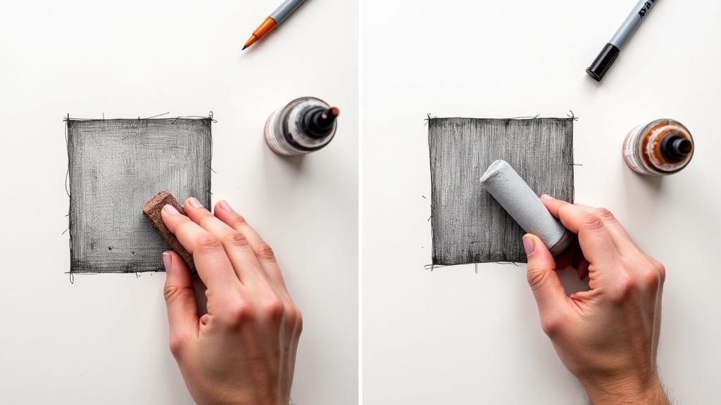 Two hands blending charcoal or graphite drawings with different blending tools on white paper.