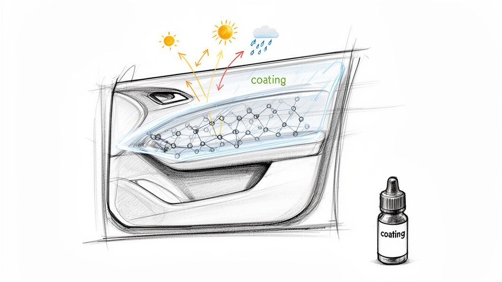 Illustration of a car door with a transparent coating showing molecular structure, reflecting sun and repelling rain, with a 'coating' bottle.
