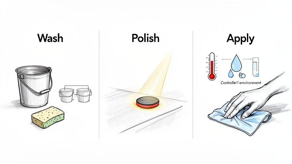 Three-step automotive detailing process: washing, polishing a surface with a tool, and applying a coating in a controlled environment.