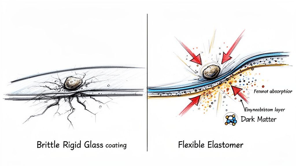 Illustration contrasting brittle glass coating damage with flexible elastomer impact absorption.