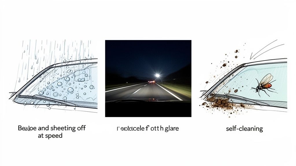 Three panels depicting a car windshield showing water beading, reduced night glare, and self-cleaning.