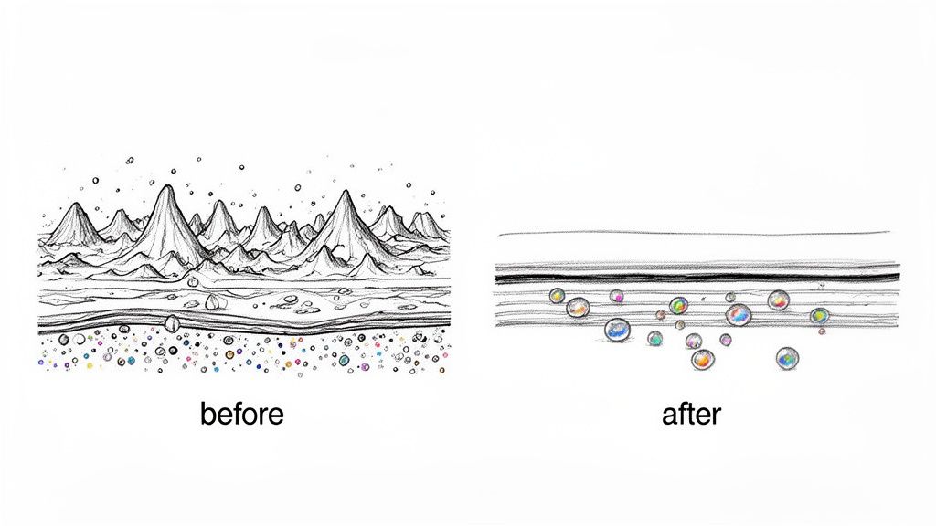 Illustration comparing a rough, uneven surface (before) to a smooth, layered surface with fewer spheres (after).
