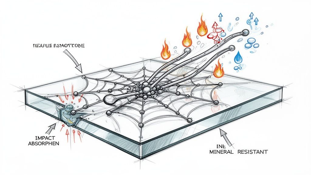 Diagram illustrating an advanced, multi-layered material with impact absorption, heat, and mineral resistance properties.