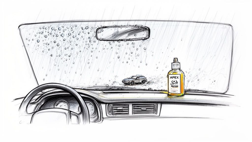 Sketch of car interior looking out rainy windshield, with ceramic protectant bottle on dashboard.