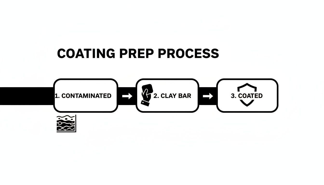 Diagram showing the car coating preparation process with three steps: contaminated, clay bar treatment, and finally coated.