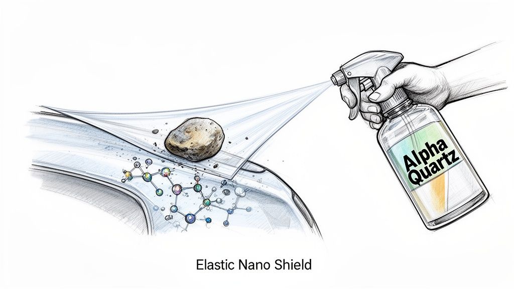 Hand spraying Alpha Quartz nano shield onto a car fender, protecting it from a rock.