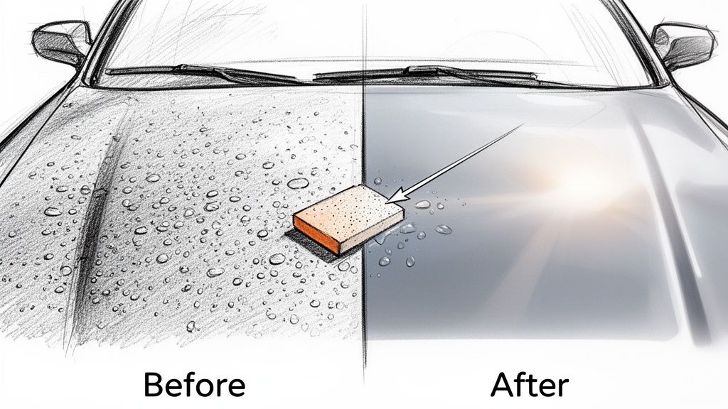 An illustration of a car hood showing 'Before' with water spots and 'After' polished with a sponge.