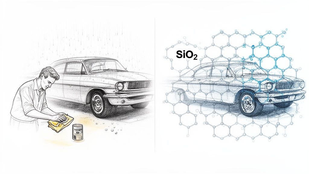 A man polishes a vintage car in the rain, contrasted with the car protected by a SiO₂ ceramic coating.