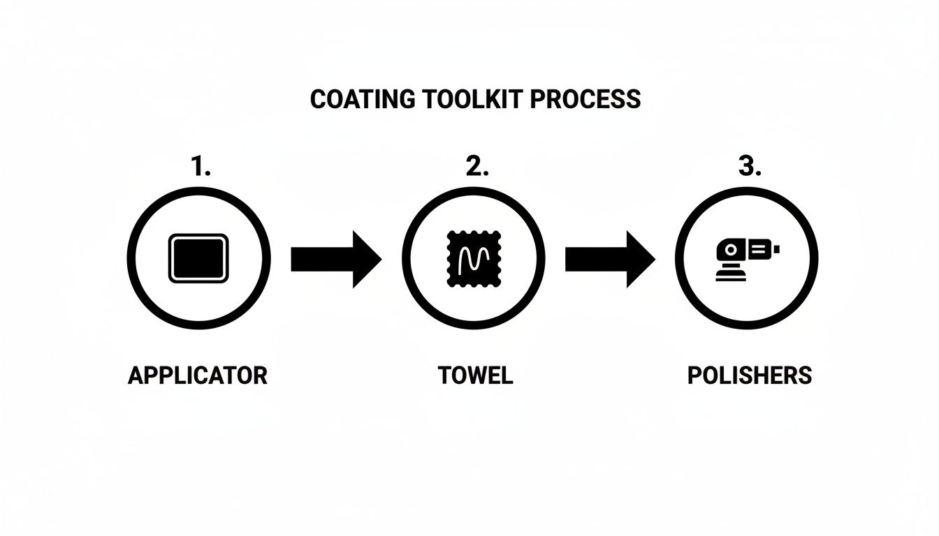 A diagram illustrating the coating toolkit process with three steps: applicator, towel, and polishers.