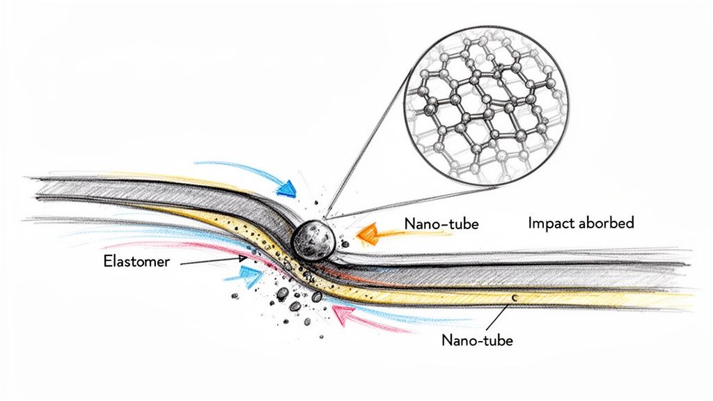 Diagram illustrating impact absorption by a multi-layered material featuring nanotubes and an elastomer, showing molecular structure.