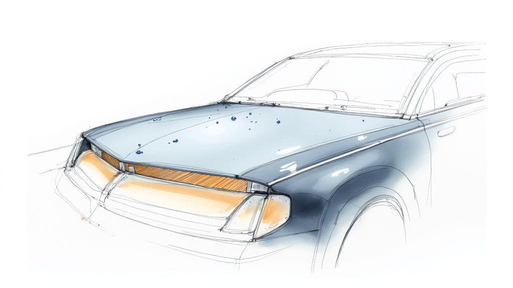 A detailed design sketch of a car's front with a light blue hood showing water beading, suggesting ceramic coating.