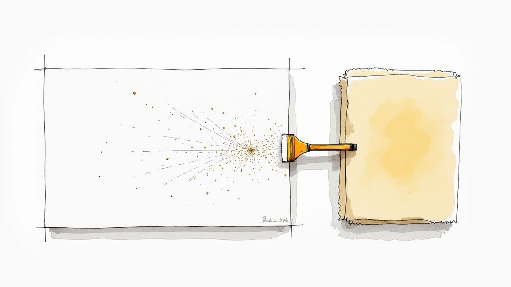 A detailer in a well-lit garage applying a car's side panel with a microfiber applicator.