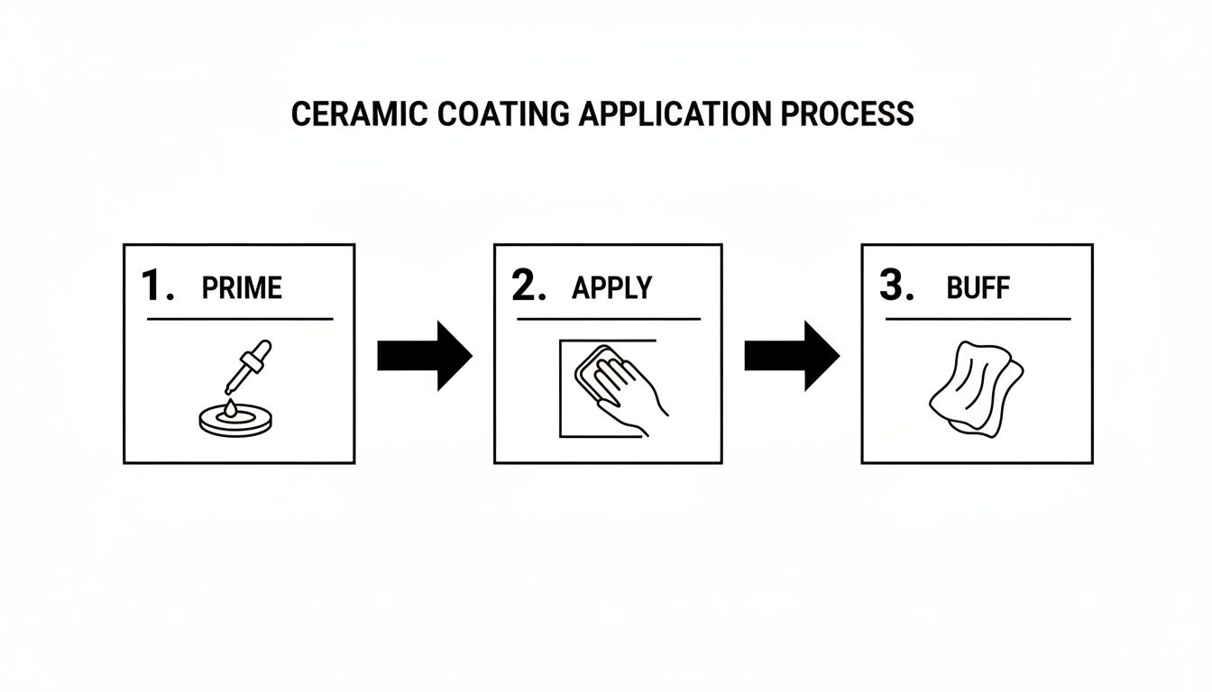 Visual guide illustrating the 3-step ceramic coating application process: prime, apply, buff.