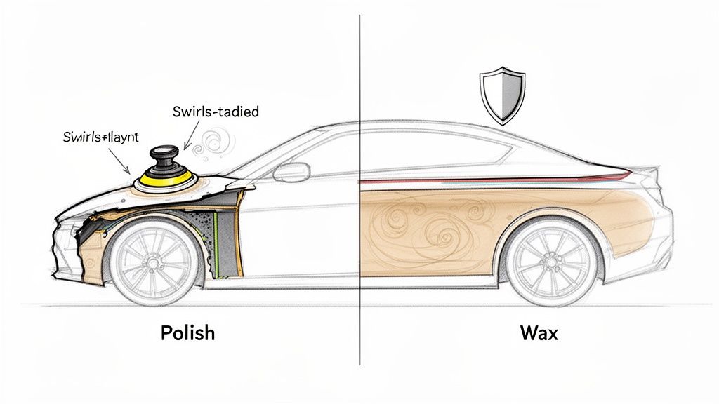 An illustration comparing car polishing to remove swirls and car waxing for protection.