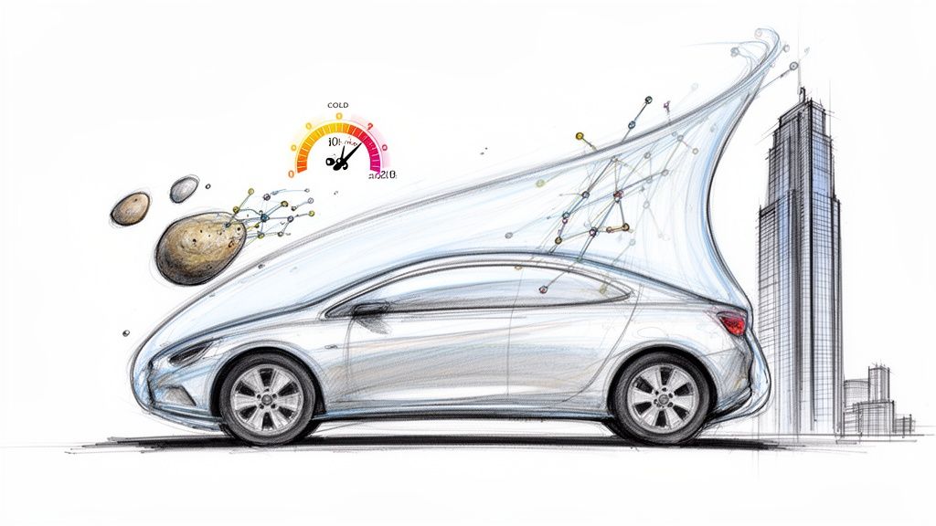 Conceptual sketch of a modern car with a transparent protective layer and molecular interactions, hinting at temperature control.