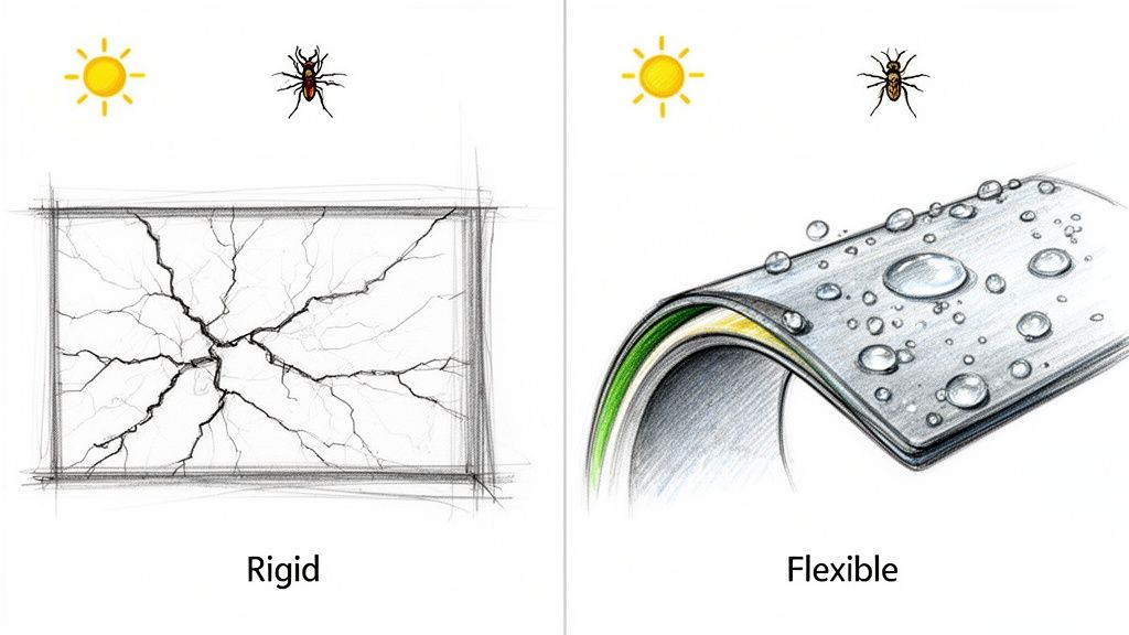 Illustration comparing rigid material cracking under stress versus flexible, water-repellent material, enduring sun and insects.