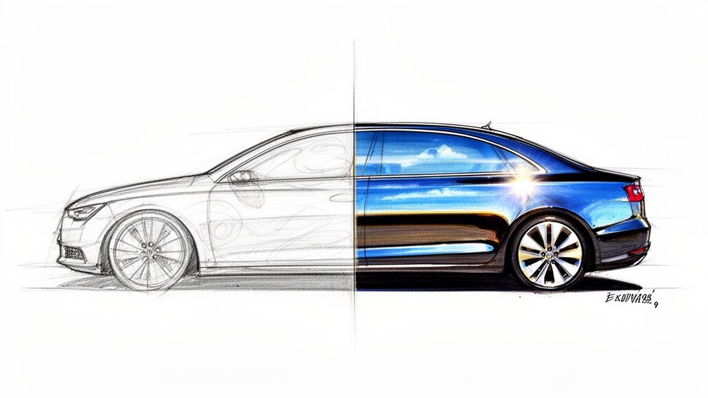 Side view of a car, split between a detailed pencil sketch and a shiny blue rendered version.