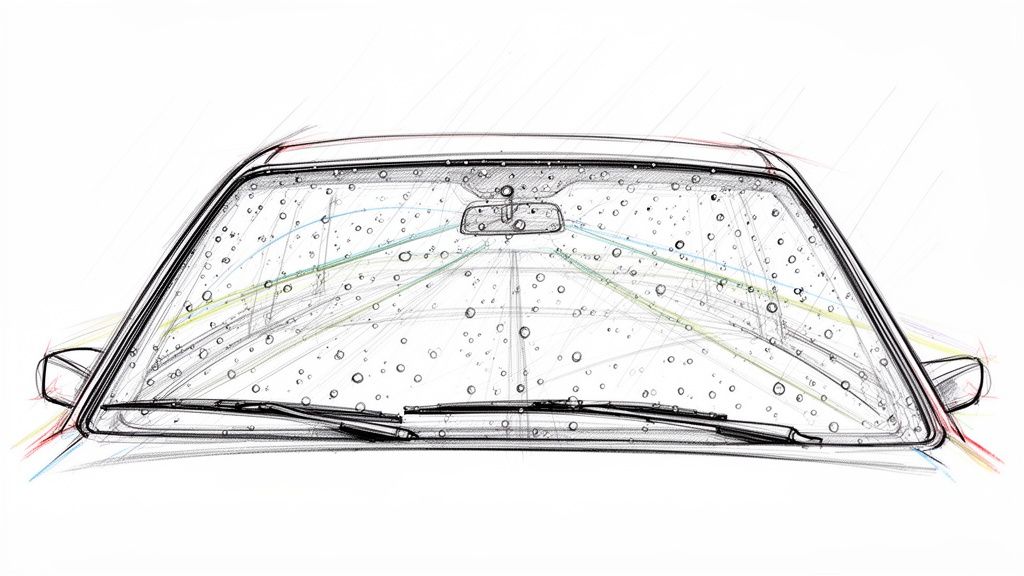 Detailed sketch of a car windshield with numerous raindrops, highlighting wiper blades and rearview mirror.