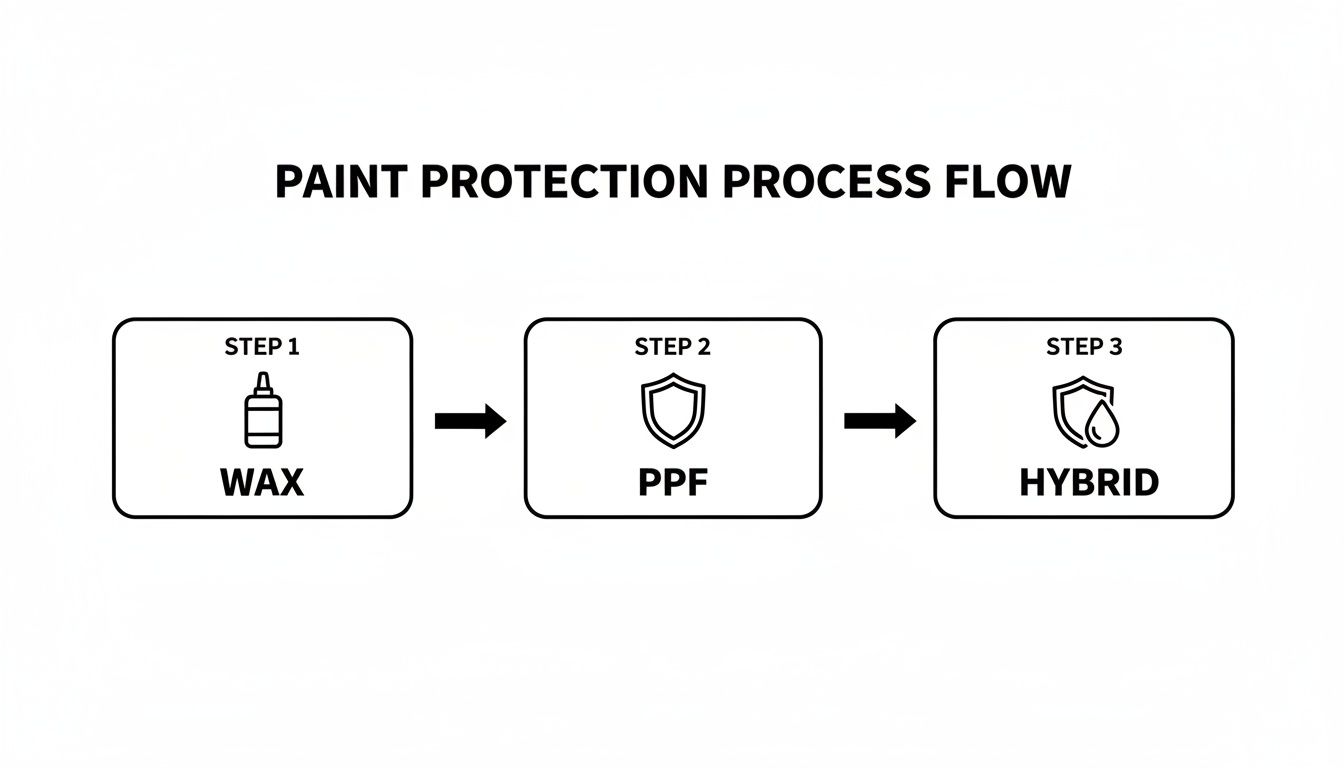 A diagram illustrating the paint protection process flow with three steps: Wax, PPF, and Hybrid.