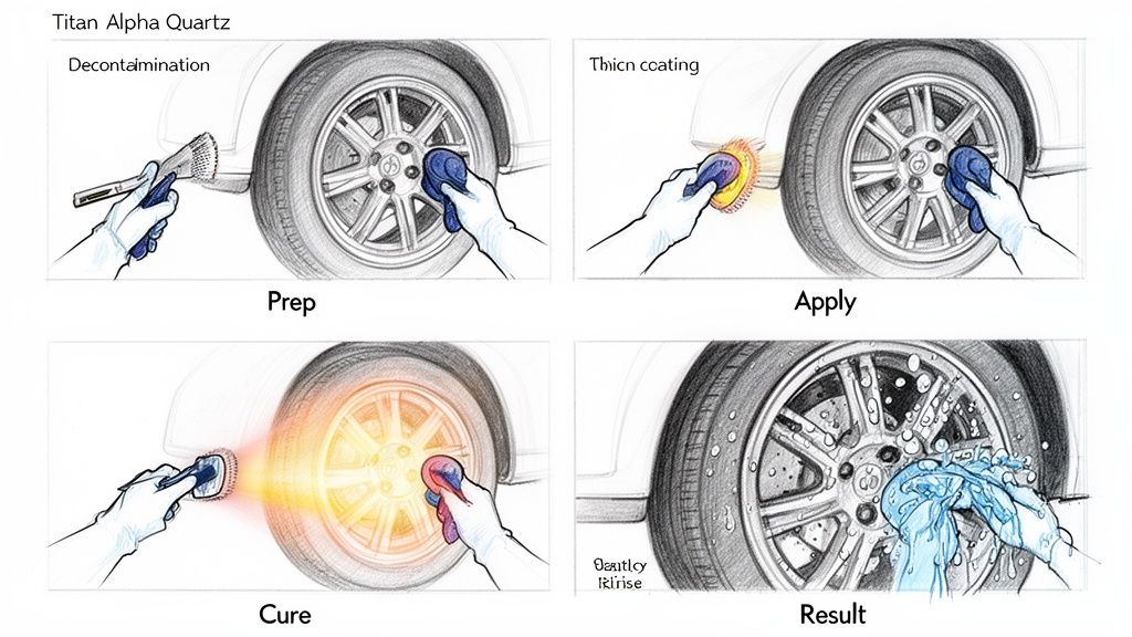 Visual guide detailing the four steps of applying Titan Alpha Quartz ceramic coating to a car wheel.
